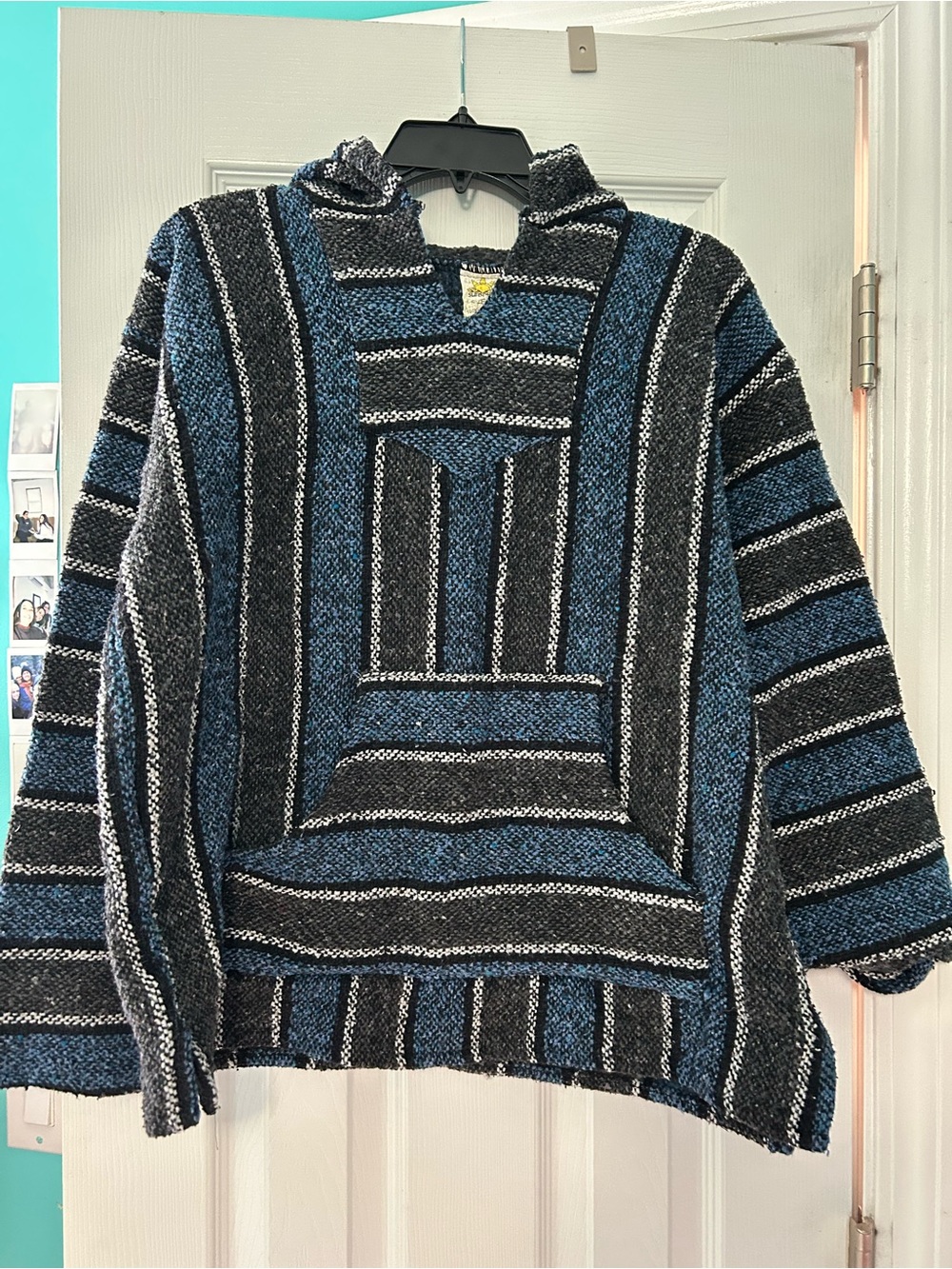 Men's Blue and Black Striped Baja-Style Crewneck Sweater